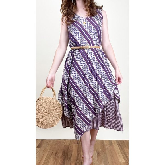 Vintage Anokhi Block Print Boho Lagenlook Midi Dress Relaxed Fit Slip 70's 80's - Picture 4 of 5